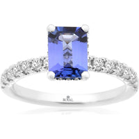 14K White Gold Rectangular Tanzanite Ring with Prong-Set Round Diamond Accents - 1.65 Carat Tanzanite and 0.50 Carat Total Diamond Weight - Royal Jewelry