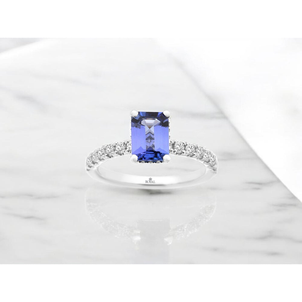 14K White Gold Rectangular Tanzanite Ring with Prong-Set Round Diamond Accents - 1.65 Carat Tanzanite and 0.50 Carat Total Diamond Weight - Royal Jewelry