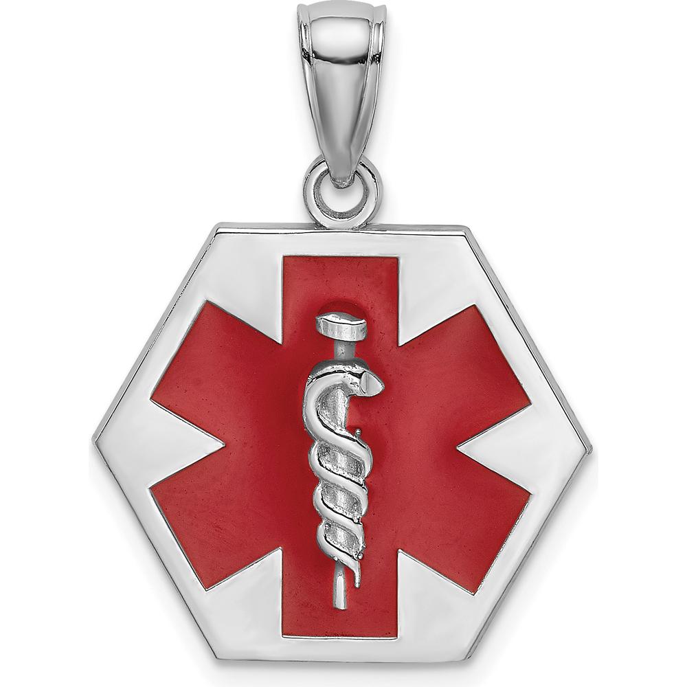 14K White Gold Red Enamel Caduceus Medical Disc Charm with Textured Back by Oro Pregiato