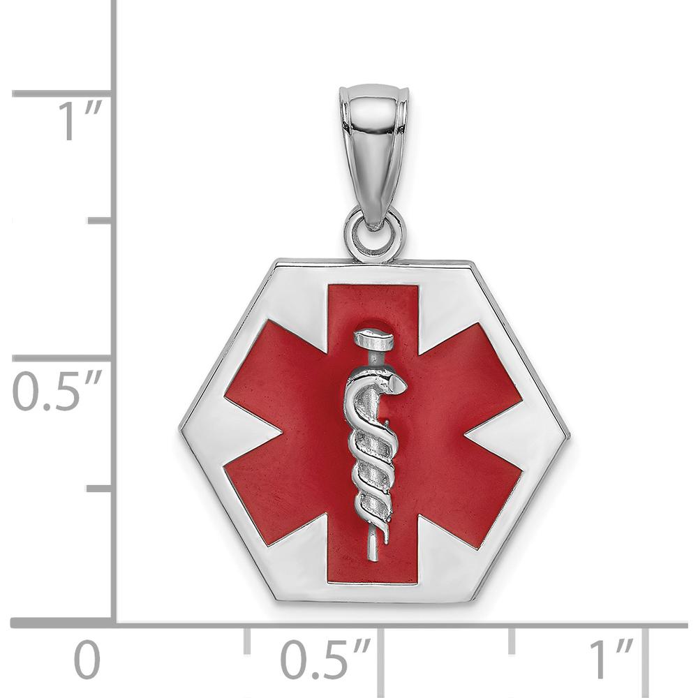 14K White Gold Red Enamel Caduceus Medical Disc Charm with Textured Back by Oro Pregiato