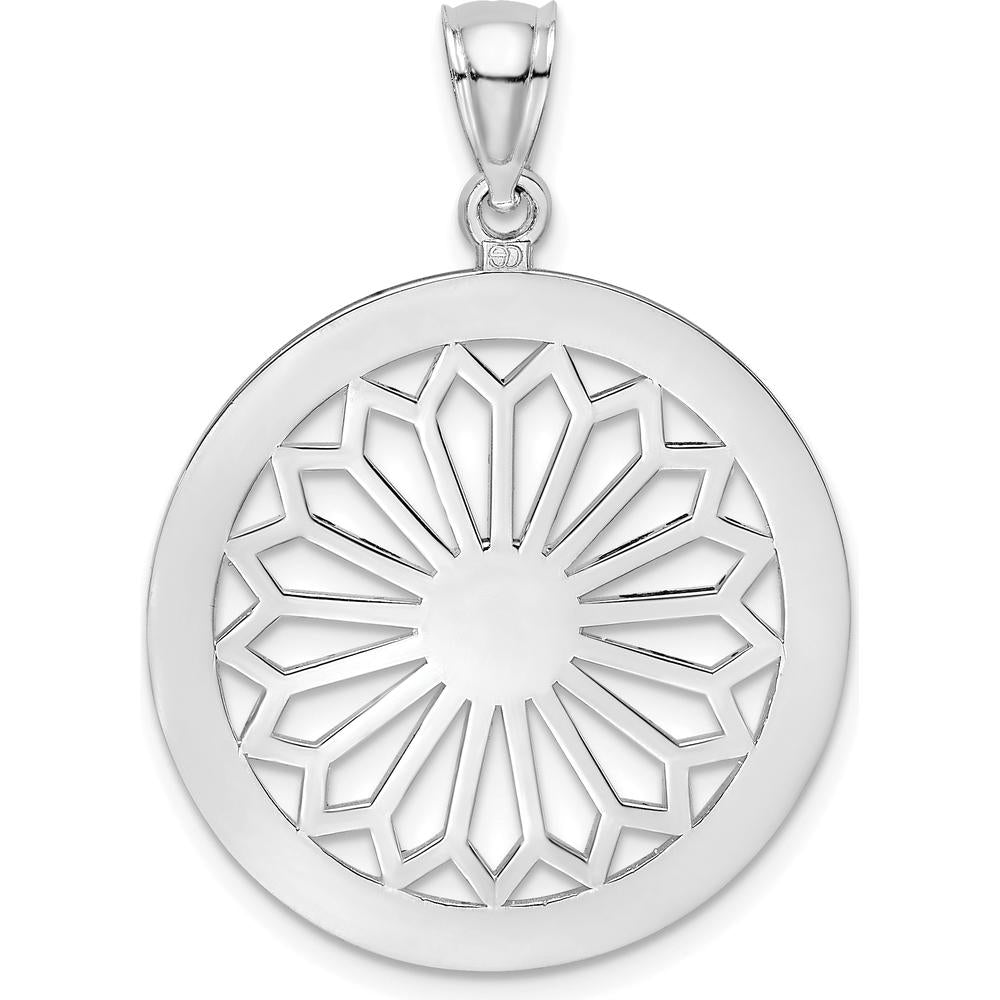 14K White Gold Retro Daisy In Round Frame Charm Pendant - Rhodium Plated by Oro Pregiato