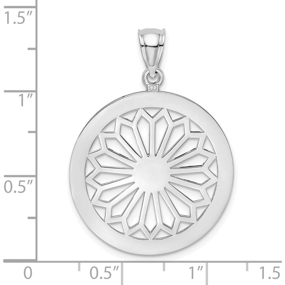 14K White Gold Retro Daisy In Round Frame Charm Pendant - Rhodium Plated by Oro Pregiato
