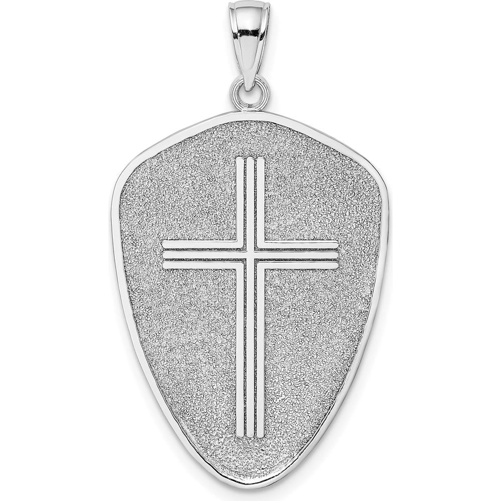 14K White Gold Reversible Cross Shield Pendant with Joshua 1:9 Inscription by Oro Pregiato