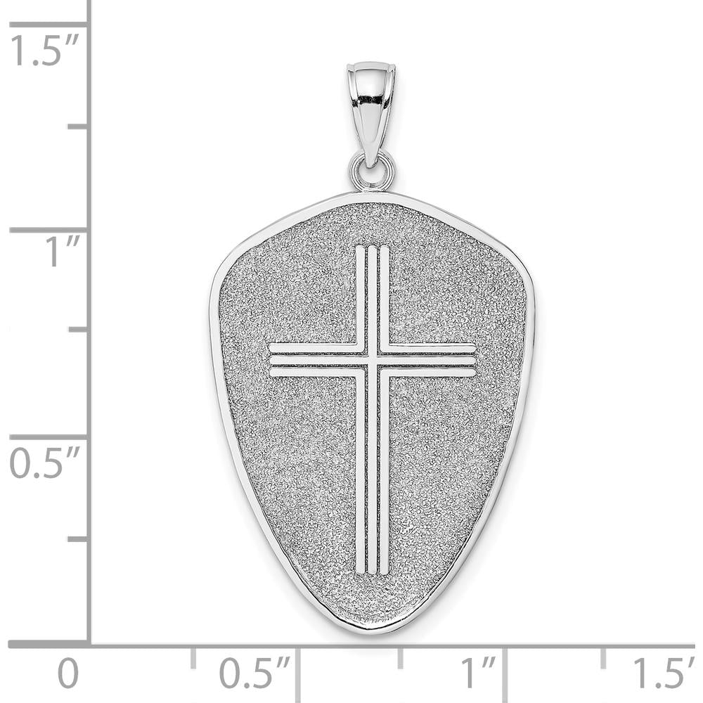 14K White Gold Reversible Cross Shield Pendant with Joshua 1:9 Inscription by Oro Pregiato