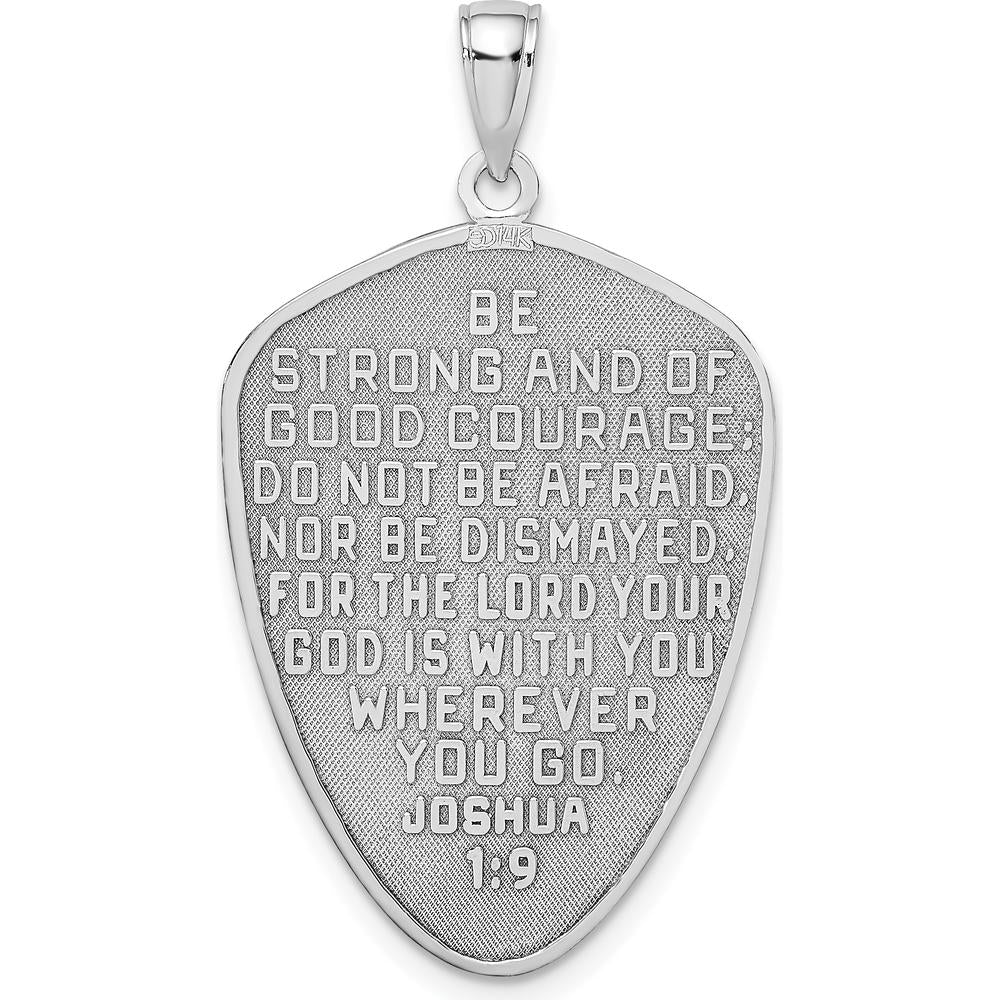 14K White Gold Reversible Cross Shield Pendant with Joshua 1:9 Inscription by Oro Pregiato