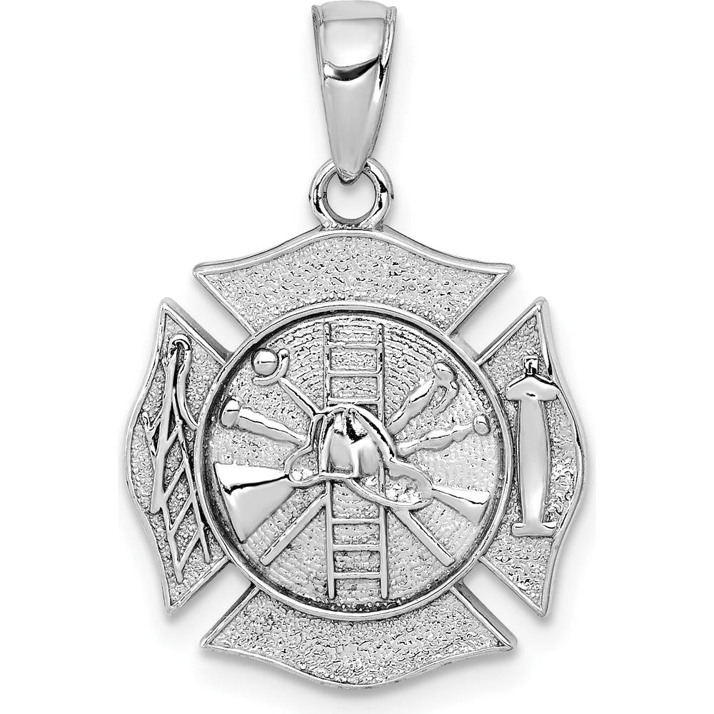 14K White Gold Reversible Fire Department Shield Pendant - Polished Rhodium Finish by Oro Pregiato