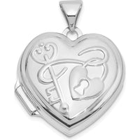 14K White Gold Reversible Heart Locket with Key and "You Hold the Key to My Heart" Engraving - 18mm by Oro Pregiato