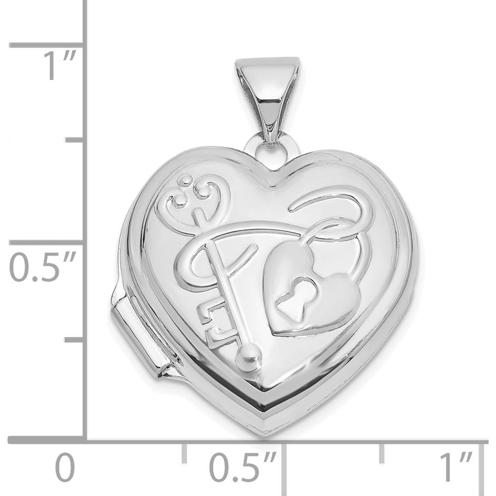 14K White Gold Reversible Heart Locket with Key and "You Hold the Key to My Heart" Engraving - 18mm by Oro Pregiato