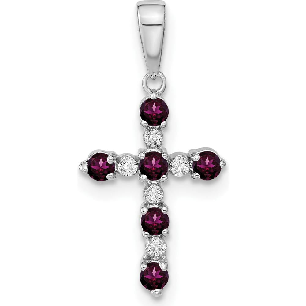 14K White Gold Rhodolite Garnet and Diamond Cross Pendant - 1.23 Carat Total Gemstone Weight by Oro Pregiato