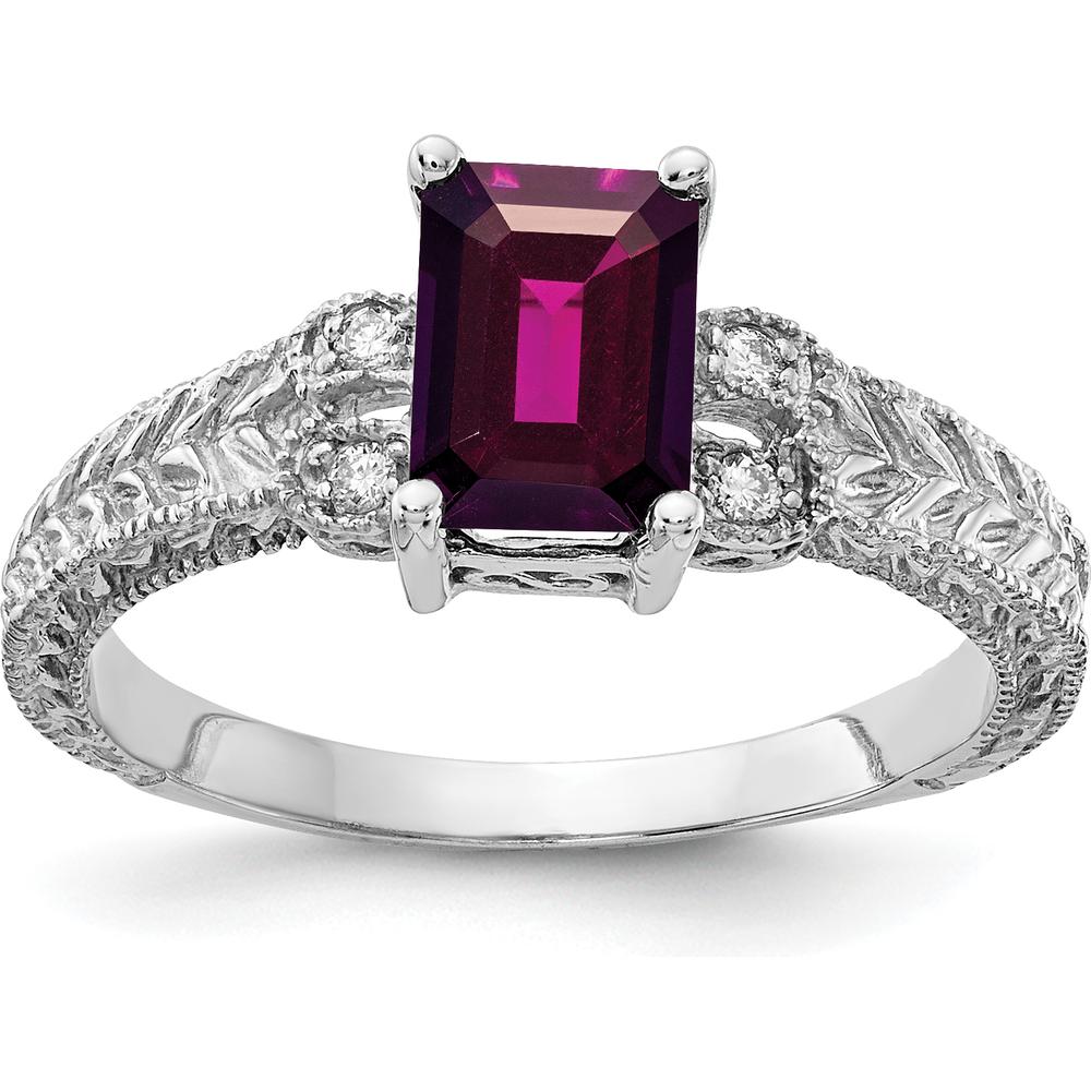 14K White Gold Rhodolite Garnet Emerald Cut Ring with Round Diamonds - 1.25 Carat Total Gem Weight by Monteluci Fine Jewelry