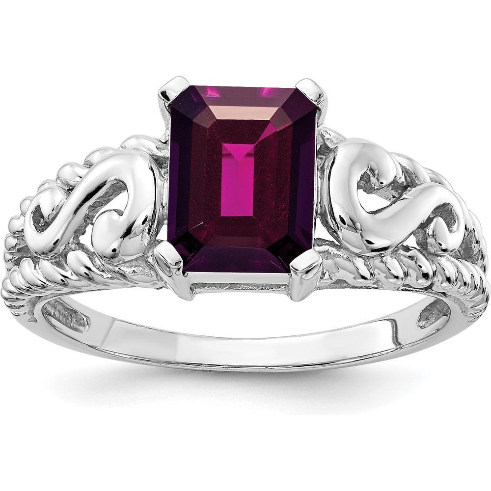 14K White Gold Rhodolite Garnet Ring - 1.9 Carat Emerald Cut Garnet in Polished Band by Monteluci Fine Jewelry