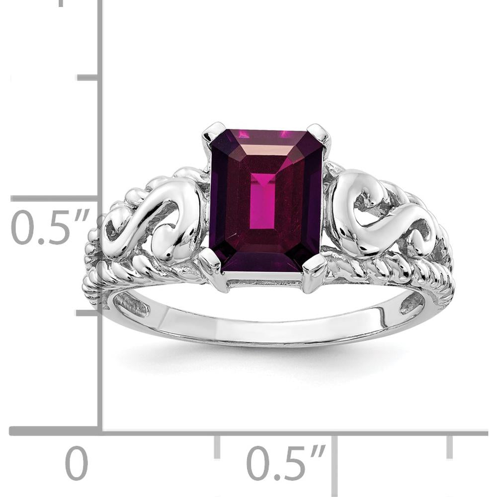 14K White Gold Rhodolite Garnet Ring - 1.9 Carat Emerald Cut Garnet in Polished Band by Monteluci Fine Jewelry