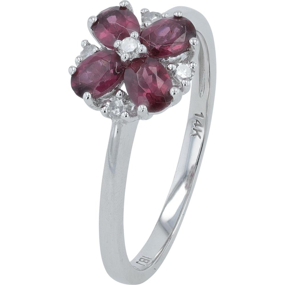 14K White Gold Rhodolite Gemstone Flower Ring with 0.14 Carats Diamond Accents