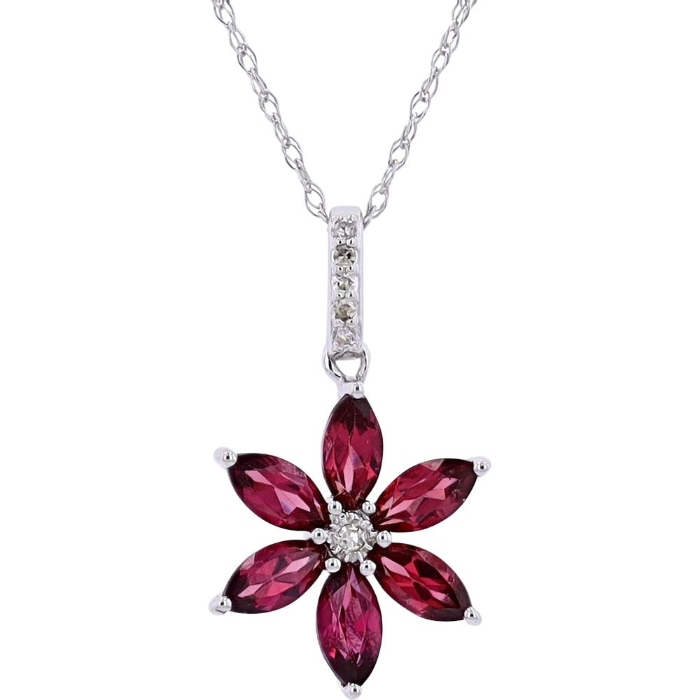 14K White Gold Rhodolite Marquise-Cut Flower Pendant with Diamond Center - 0.01 Carats Total Diamond Weight