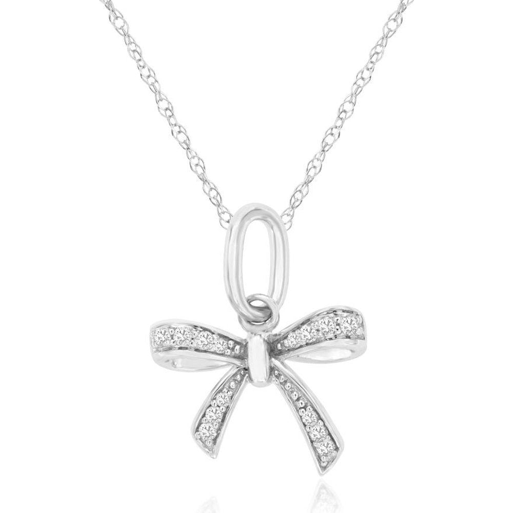 14K White Gold Ribbon Bow Pendant with Pave Set Round Diamonds - 0.07 Carat Total Diamond Weight - Royal Jewelry