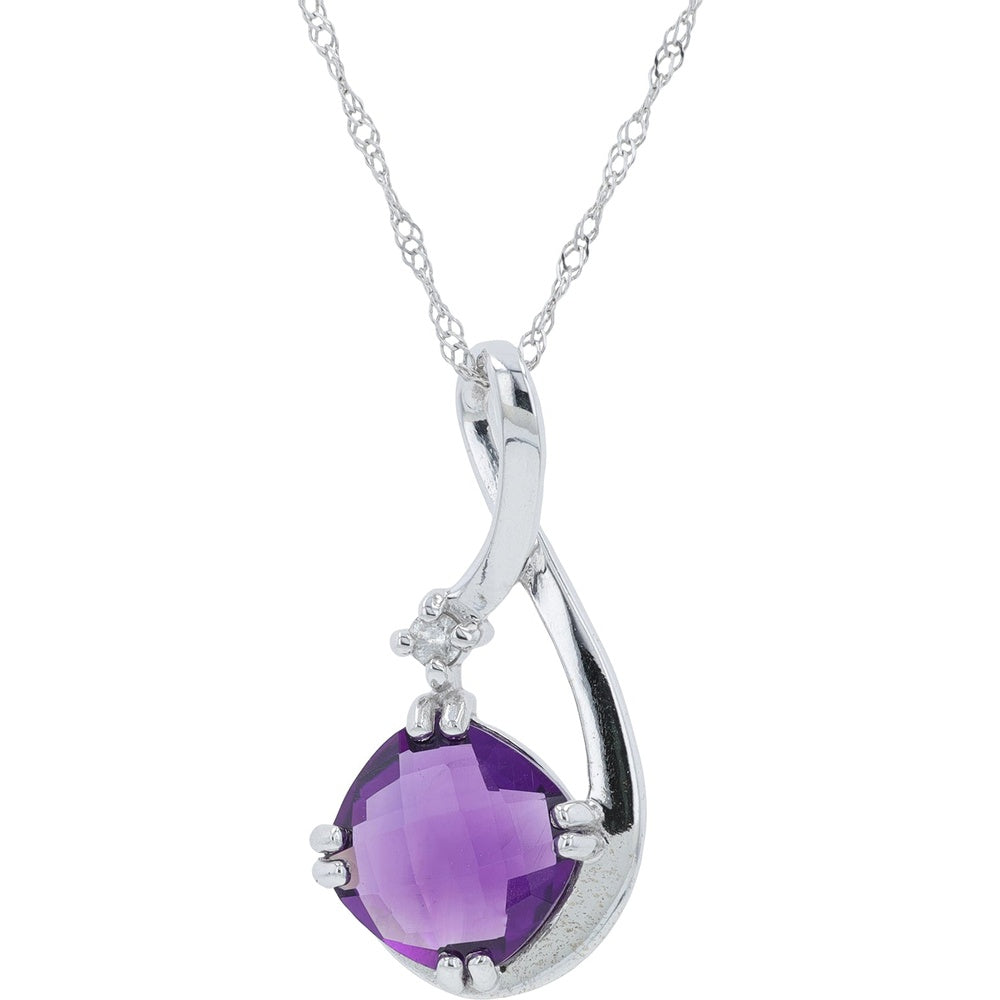 14K White Gold Ribbon-Inspired Pendant Necklace with Cushion-Cut Amethyst and Diamond Accents - 18 Inch Chain
