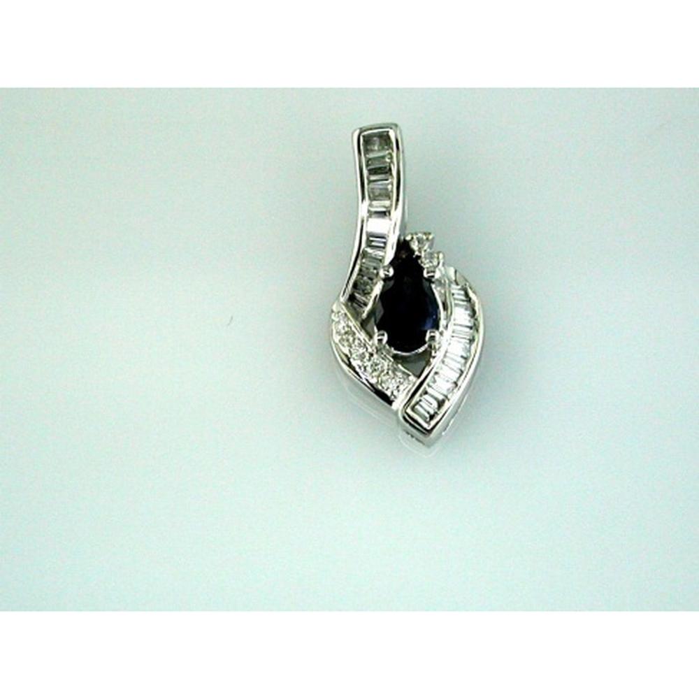 14K White Gold Ribbon Pendant with Pear-Shaped Sapphire and Channel-Set Baguette Diamonds - 0.28 Carat Sapphire and 0.17 Carat Diamond Total Weight - Royal Jewelry