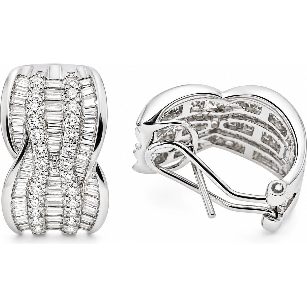 14K White Gold Ribbon Wave Earrings with Channel Set Round and Baguette Diamonds - 3.56 Carat Total Diamond Weight by Auriventus