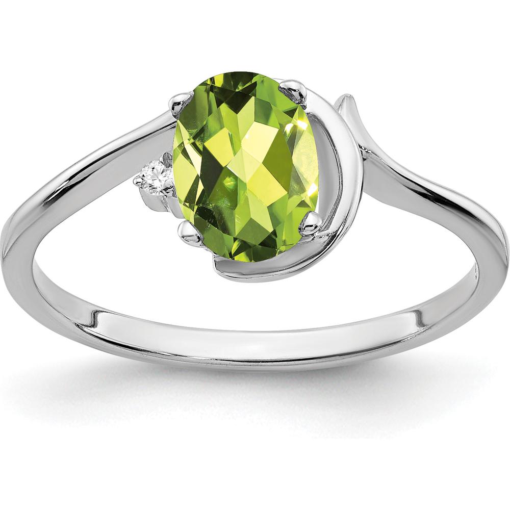 14K White Gold Ring with 0.85 Carat Oval Peridot and 0.01 Carat Round Diamond Accent by Monteluci Fine Jewelry