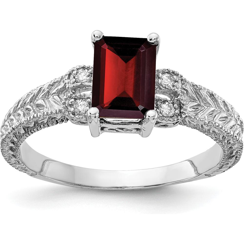 14K White Gold Ring with 1.25 Carat Emerald-Cut Garnet and 0.04 Carat Round Diamonds by Monteluci Fine Jewelry