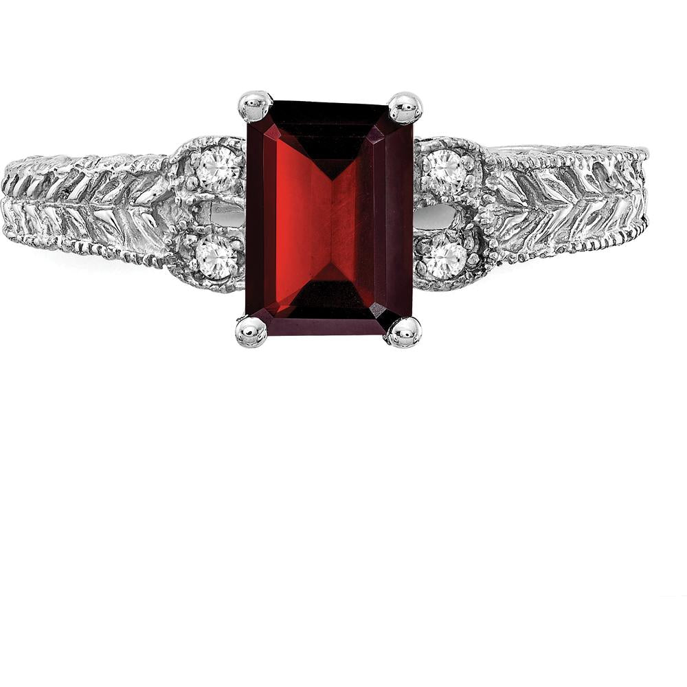14K White Gold Ring with 1.25 Carat Emerald-Cut Garnet and 0.04 Carat Round Diamonds by Monteluci Fine Jewelry