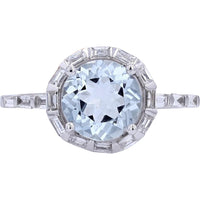 14K White Gold Ring with 1.85 Carats Round Aquamarine and 0.46 Carats Baguette Diamond Halo