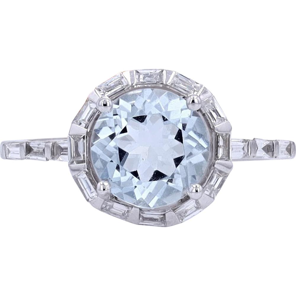 14K White Gold Ring with 1.85 Carats Round Aquamarine and 0.46 Carats Baguette Diamond Halo