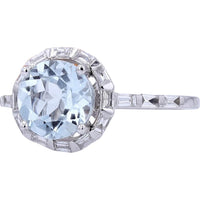 14K White Gold Ring with 1.85 Carats Round Aquamarine and 0.46 Carats Baguette Diamond Halo