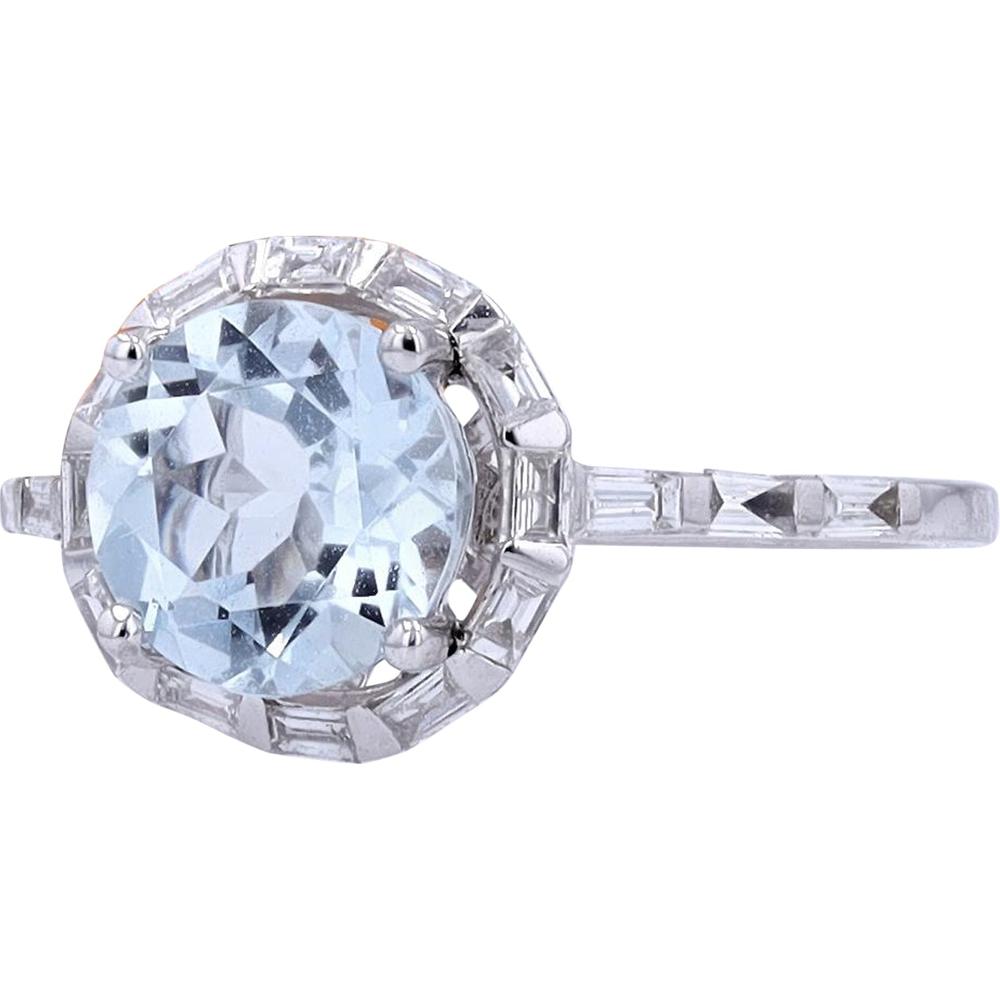 14K White Gold Ring with 1.85 Carats Round Aquamarine and 0.46 Carats Baguette Diamond Halo