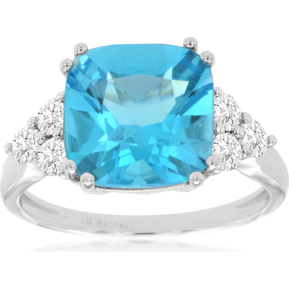 14K White Gold Ring with 5.00 Carat Cushion-Cut Blue Topaz and 0.45 Carat Round Diamond Accents - Royal Jewelry