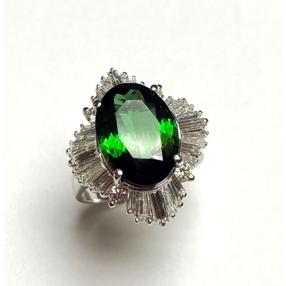 14K White Gold Ring with 5.60 Carat Oval Green Tourmaline and 1.60 Carat Total Baguette Diamond Halo by Auriventus