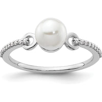 14K White Gold Ring with 6.4 mm Freshwater Pearl and Pavé Round Diamonds - 0.07 Carat Total Diamond Weight by 0