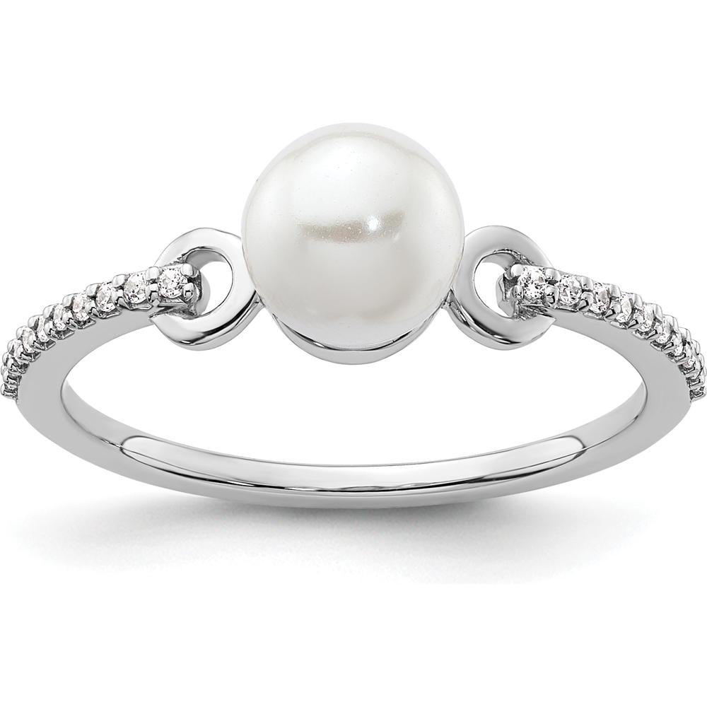 14K White Gold Ring with 6.4 mm Freshwater Pearl and Pavé Round Diamonds - 0.07 Carat Total Diamond Weight by 0