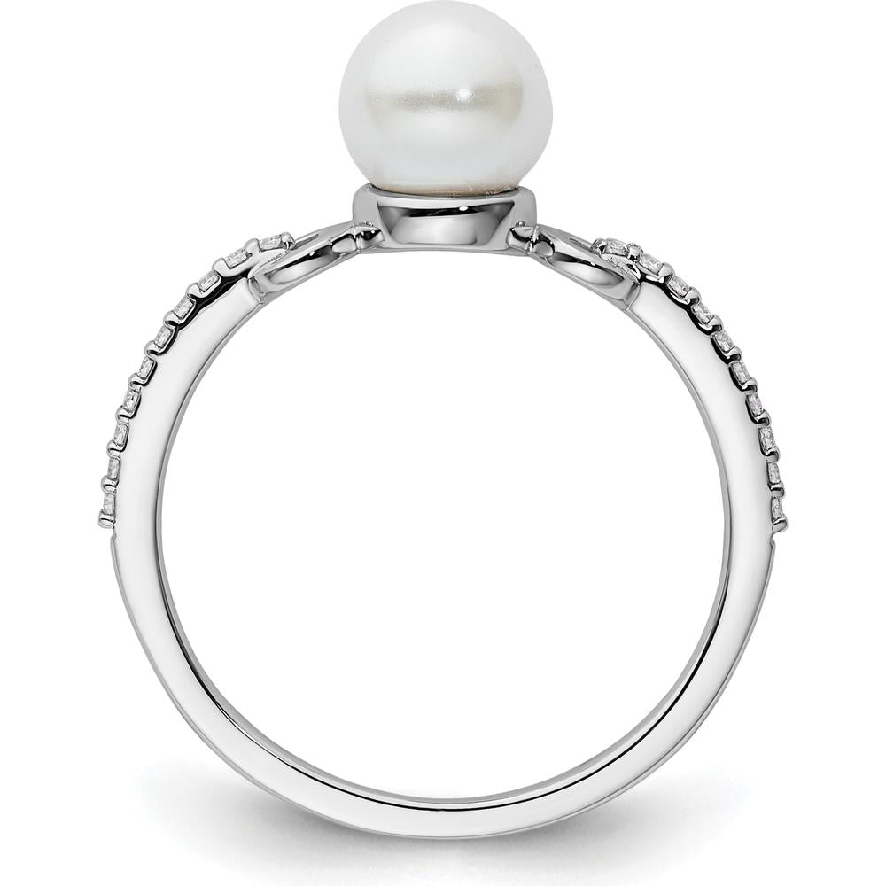 14K White Gold Ring with 6.4 mm Freshwater Pearl and Pavé Round Diamonds - 0.07 Carat Total Diamond Weight by 0
