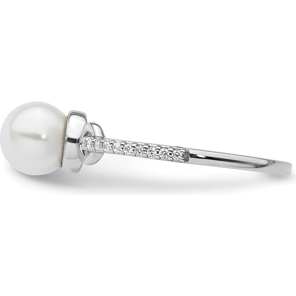 14K White Gold Ring with 6.4 mm Freshwater Pearl and Pavé Round Diamonds - 0.07 Carat Total Diamond Weight by 0