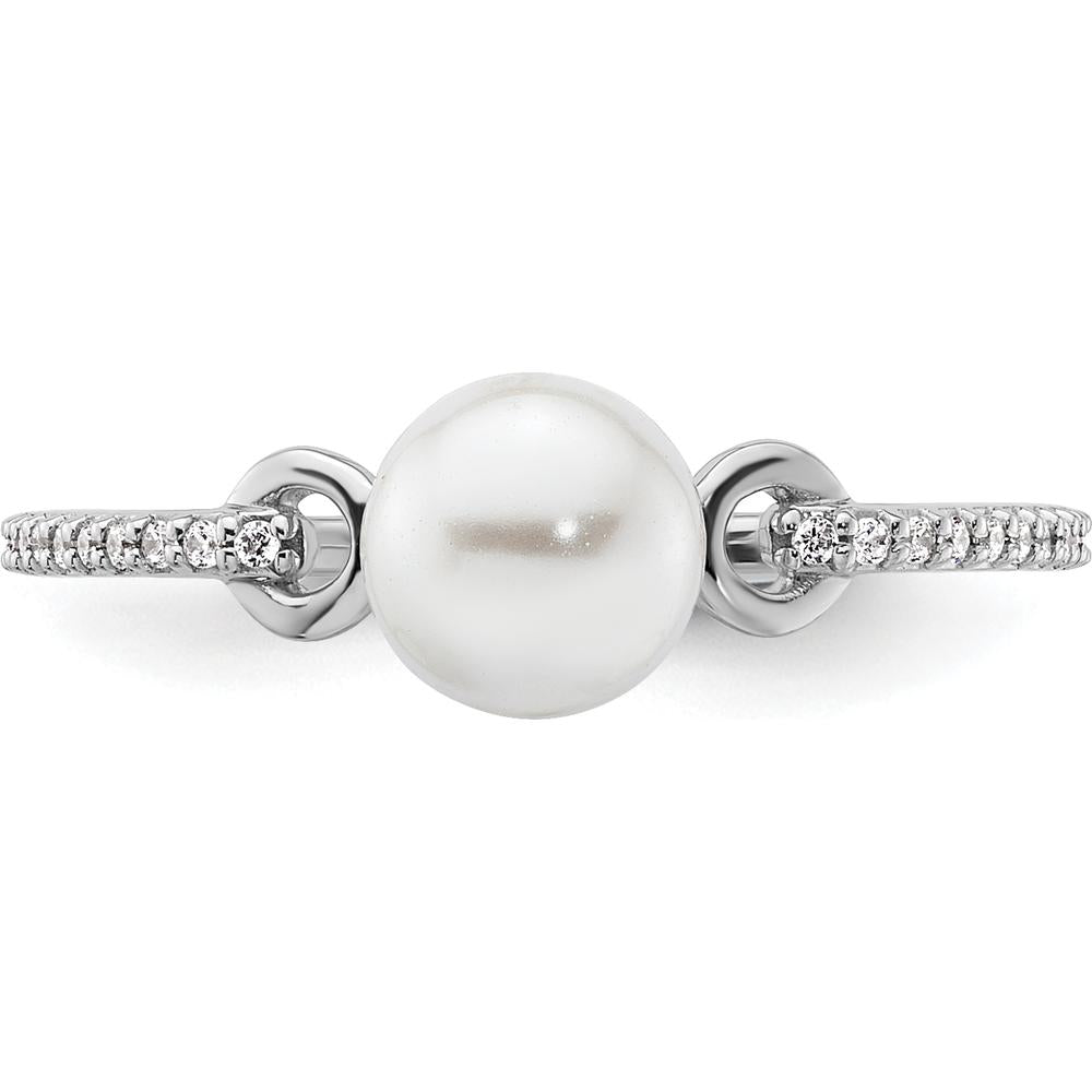 14K White Gold Ring with 6.4 mm Freshwater Pearl and Pavé Round Diamonds - 0.07 Carat Total Diamond Weight by 0
