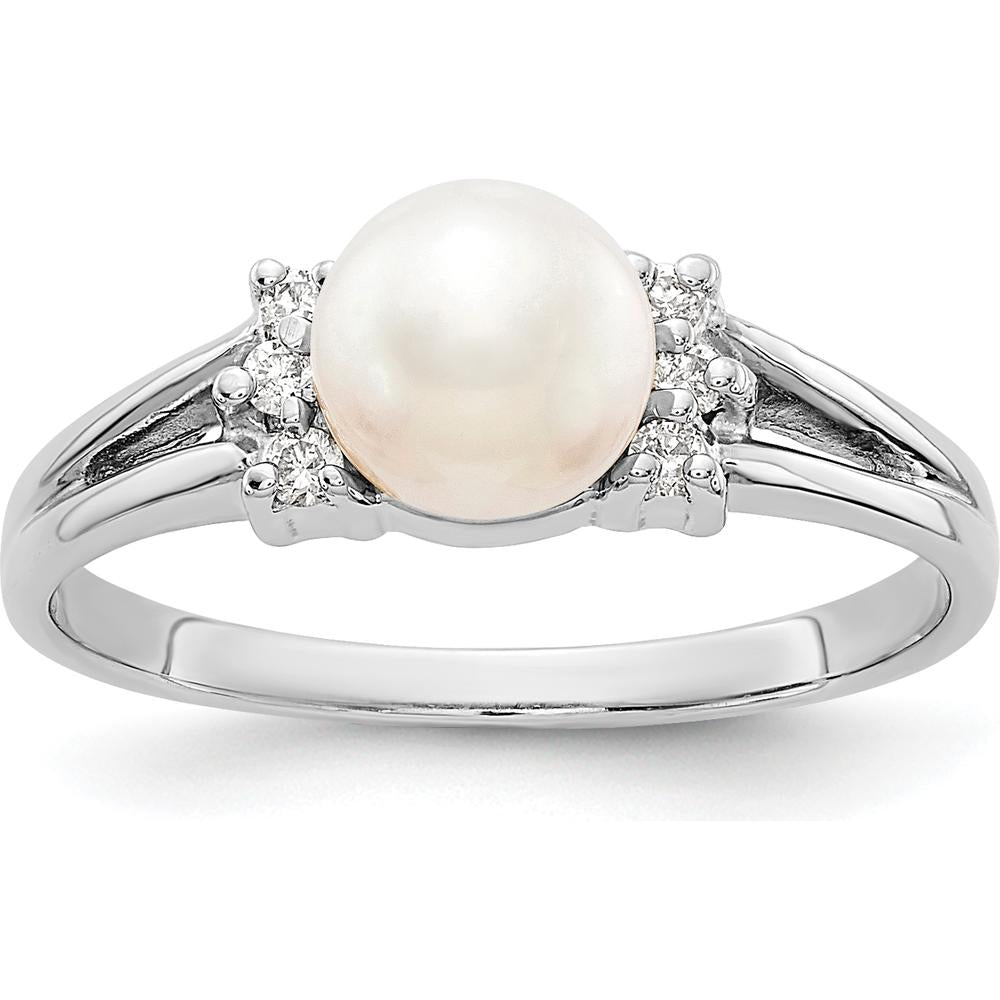 14K White Gold Ring with 6mm Cultured Freshwater Pearl and 0.072 Carat Round Diamond Accents by Monteluci Fine Jewelry