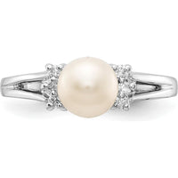 14K White Gold Ring with 6mm Cultured Freshwater Pearl and 0.072 Carat Round Diamond Accents by Monteluci Fine Jewelry