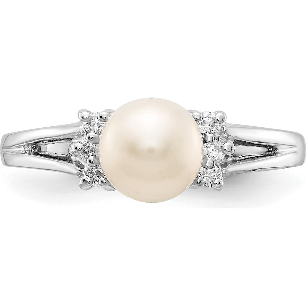 14K White Gold Ring with 6mm Cultured Freshwater Pearl and 0.072 Carat Round Diamond Accents by Monteluci Fine Jewelry