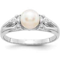14K White Gold Ring with 6mm Cultured Freshwater Pearl and Round Natural Diamonds - 0.015 Carat Total Diamond Weight by Monteluci Fine Jewelry
