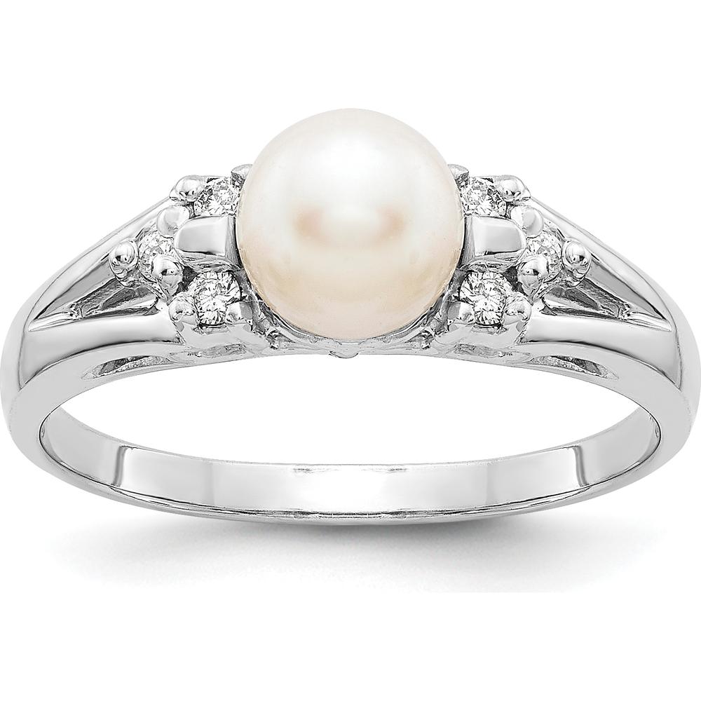 14K White Gold Ring with 6mm Cultured Freshwater Pearl and Round Natural Diamonds - 0.015 Carat Total Diamond Weight by Monteluci Fine Jewelry