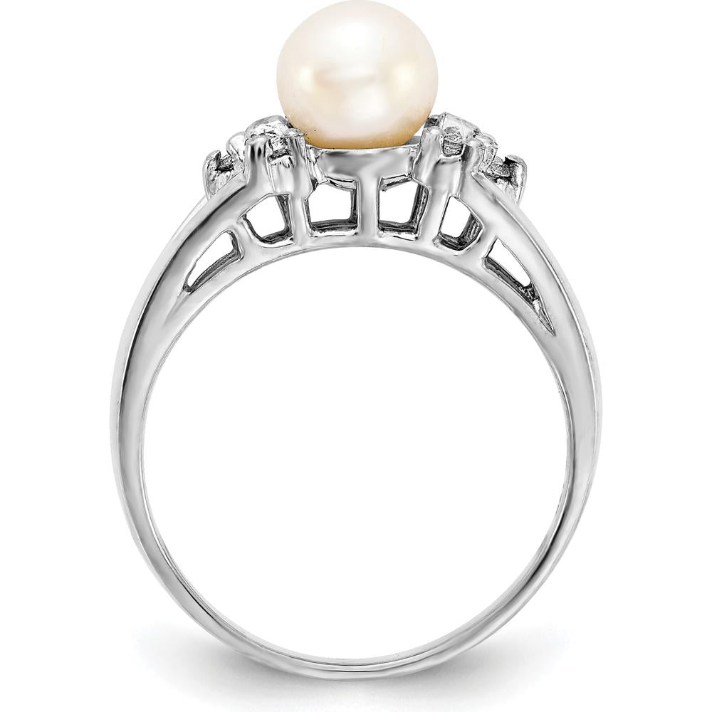 14K White Gold Ring with 6mm Cultured Freshwater Pearl and Round Natural Diamonds - 0.015 Carat Total Diamond Weight by Monteluci Fine Jewelry