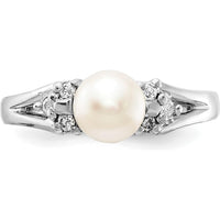 14K White Gold Ring with 6mm Cultured Freshwater Pearl and Round Natural Diamonds - 0.015 Carat Total Diamond Weight by Monteluci Fine Jewelry