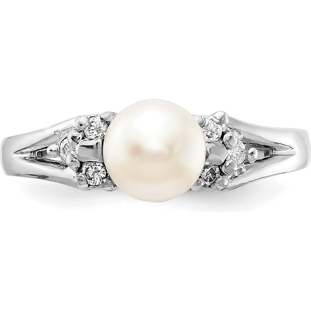 14K White Gold Ring with 6mm Cultured Freshwater Pearl and Round Natural Diamonds - 0.015 Carat Total Diamond Weight by Monteluci Fine Jewelry
