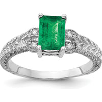 14K White Gold Ring with 7x5mm Emerald-Cut Emerald and Round Diamond Accents - 1.04 Carat Total Gem Weight by Monteluci Fine Jewelry