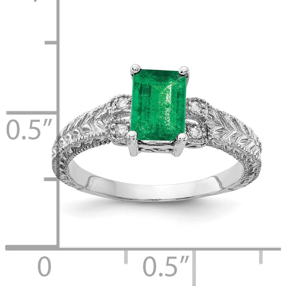 14K White Gold Ring with 7x5mm Emerald-Cut Emerald and Round Diamond Accents - 1.04 Carat Total Gem Weight by Monteluci Fine Jewelry