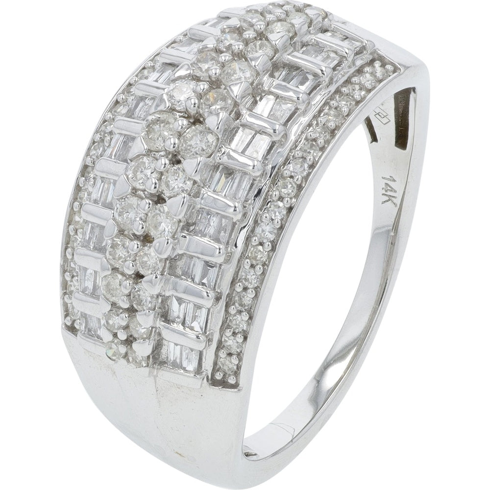 14K White Gold Ring with Baguette and Round Diamond Cluster - 0.58 Carat Total Diamond Weight