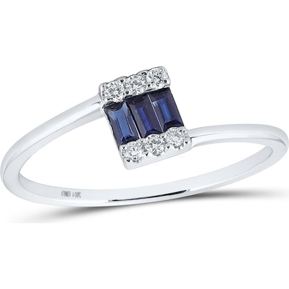14K White Gold Ring with Channel-Set Baguette Blue Sapphires and Prong-Set Round Diamonds - 0.25 Carat Total Gem Weight