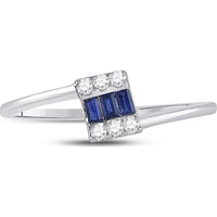 14K White Gold Ring with Channel-Set Baguette Blue Sapphires and Prong-Set Round Diamonds - 0.25 Carat Total Gem Weight