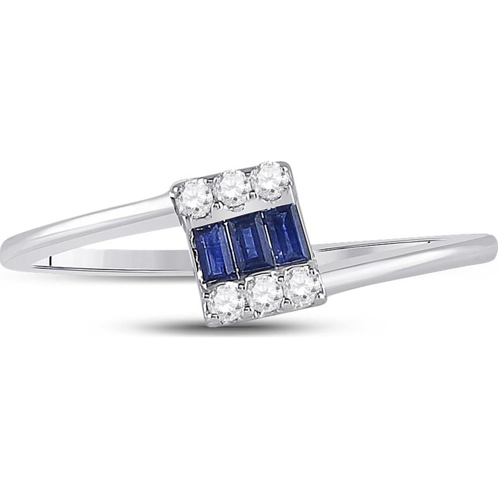 14K White Gold Ring with Channel-Set Baguette Blue Sapphires and Prong-Set Round Diamonds - 0.25 Carat Total Gem Weight